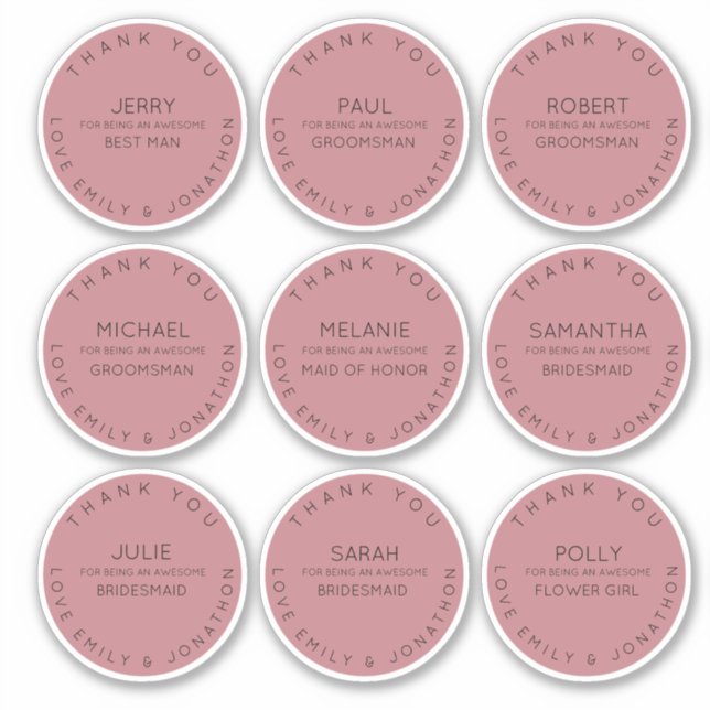 9 Individual Name Thank You Bridal Party Rose Pink (Front)