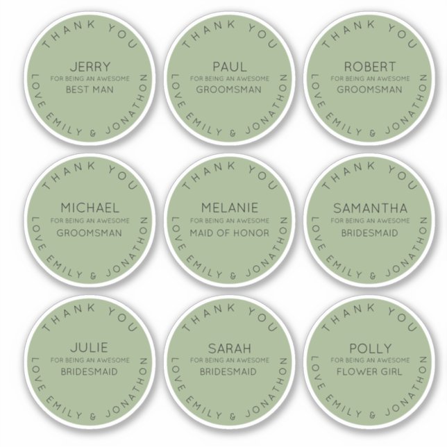 9 Individual Name Thank You Bridal Party Sage (Front)