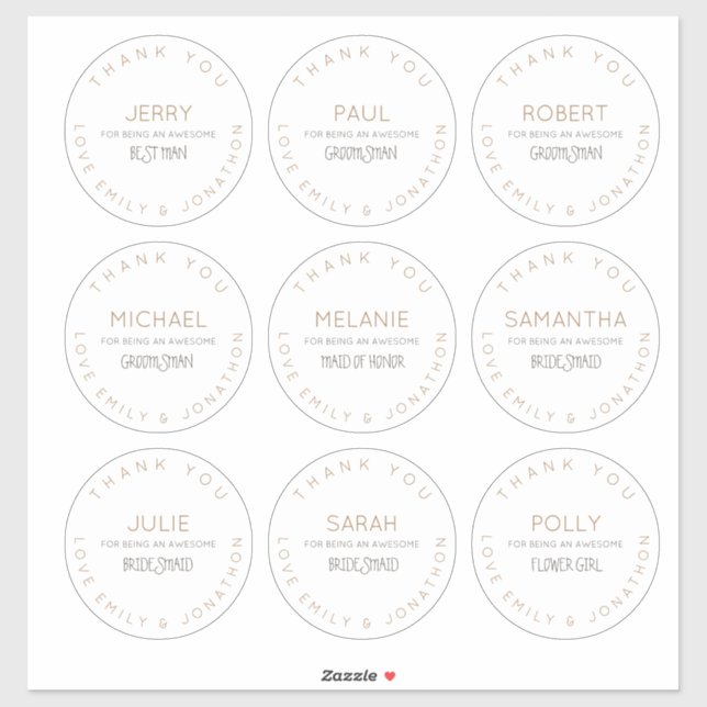 9 Individual Names Thank You Bridal Party Large (Sheet)