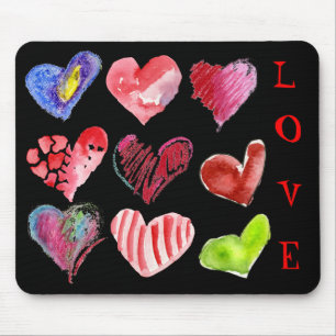 9 Love Hearts on Black Mousepad