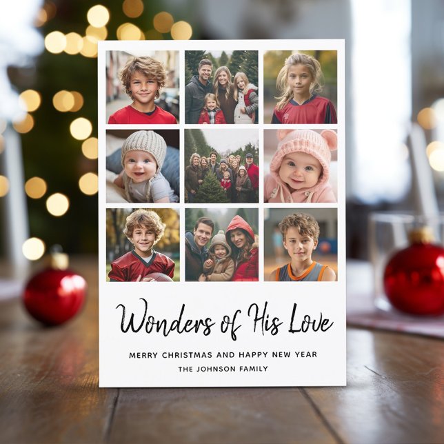 9 Multi Photo Christmas - Wonders of His Love Holiday Card (9 Photo Christian Christmas Card)