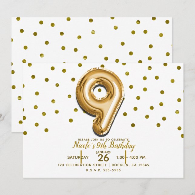 9 Nine Gold Balloon Confetti 9th Birthday Party Invitation (Front/Back)