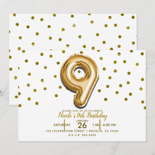 9 Nine Gold Balloon Confetti 9th Birthday Party Invitation
