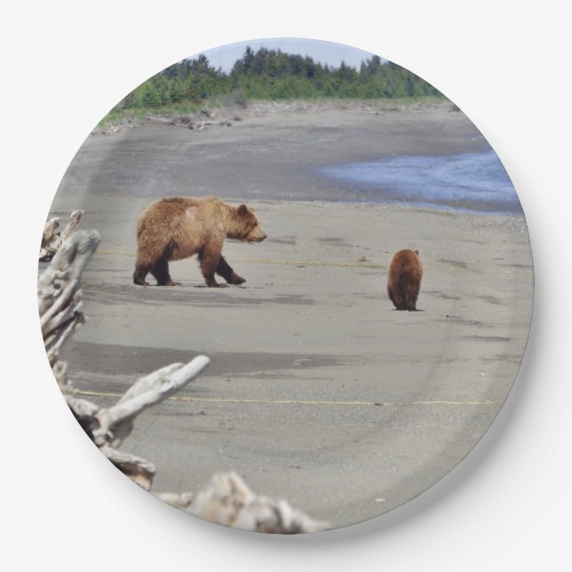 9" Paper Plate w/ grizzly bear & cub (Front)