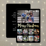 9 Photo Black Merry Christmas Modern Collage Foil Holiday Card<br><div class="desc">Send stylish joyful greetings and share 9 of your favourite pictures with a custom photo collage green and gold foil holiday card. All text on this template is simple to customise to include any wording, such as Merry Christmas, Happy Holidays, Seasons Greetings, New Year Cheers etc. (IMAGE PLACEMENT TIP: An...</div>