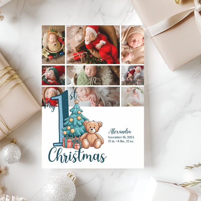 9 Photo Blue Teddy Baby 1st Christmas Holiday Card (Creator Uploaded)