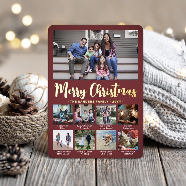 9 Photo Burgundy Merry Christmas Modern Collage Foil Holiday Card (Creator Uploaded)