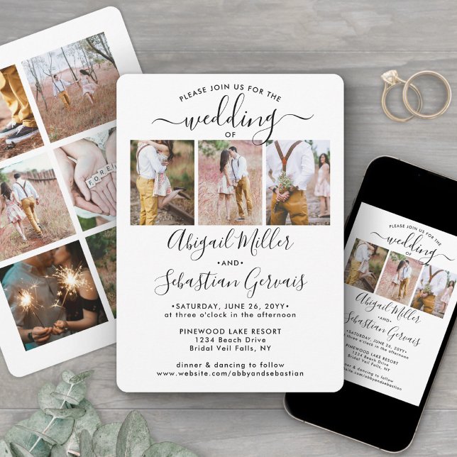 9 Photo Collage Elegant Modern Calligraphy Wedding Invitation (Creator Uploaded)