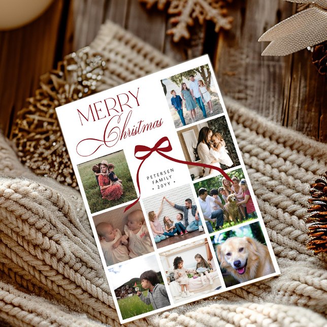9 photo collage elegant script Merry Christmas Holiday Card (Creator Uploaded)