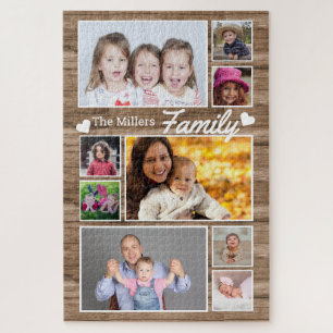 9 Photo Collage Family Name 1014 Pcs Rustic Wood Jigsaw Puzzle