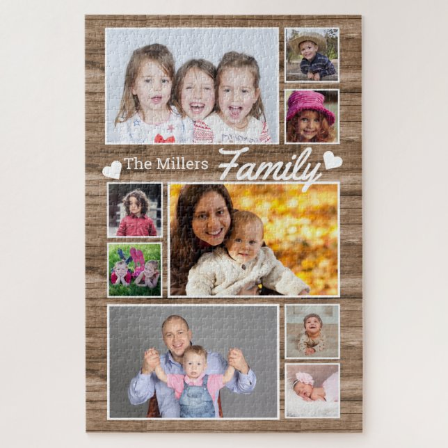 9 Photo Collage Family Name 1014 Pcs Rustic Wood Jigsaw Puzzle (Vertical)