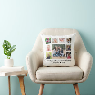 9 Photo Collage Family Quote  Monogram Black White Cushion