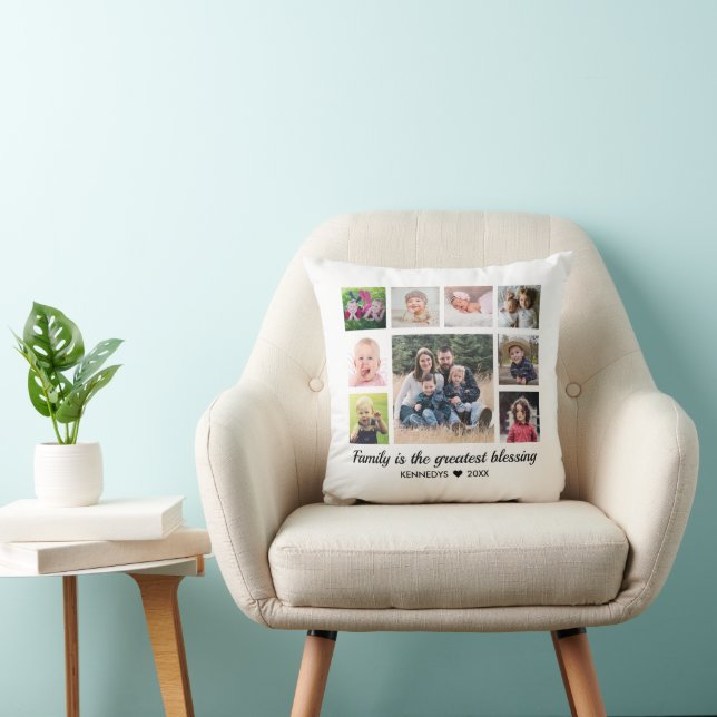 9 Photo Collage Family Quote  Monogram Black White Cushion (Chair)