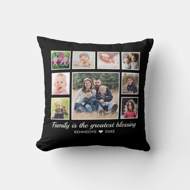 9 Photo Collage Family Quote  Monogram Name Cushion (Front)