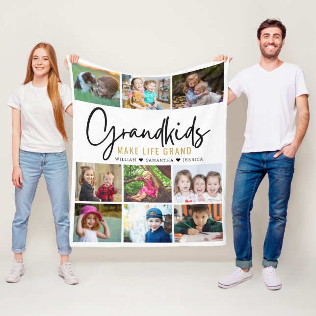 9 Photo Collage Grandkids Make Life Grand Quote Fleece Blanket (In Situ)