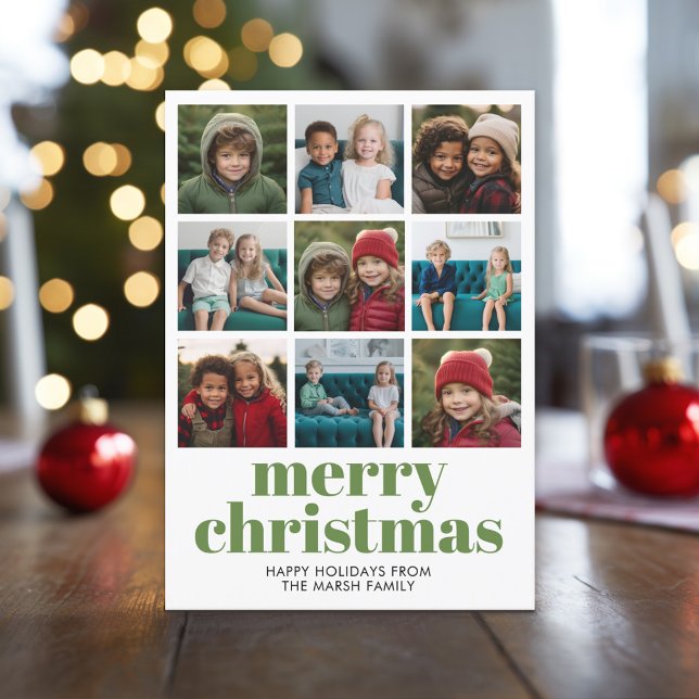 9 Photo Collage Merry Christmas green candy stripe Holiday Card (Modern, Minimal Christmas Photo Collage with 9 Photos)