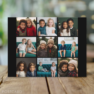 9 Photo Collage Modern Grid on Black Background Postcard