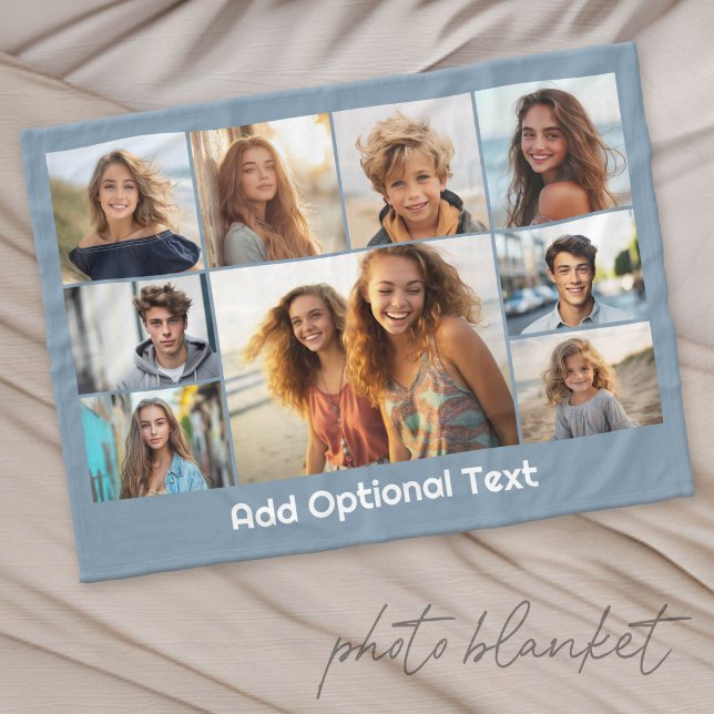 9 Photo Collage Optional Text -- Blue White Fleece Blanket (Custom Photo Blanket with Lots of Photos)