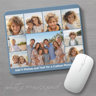 9 Photo Collage Optional Text -- Blue White Mouse Mat