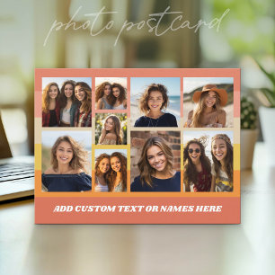 9 Photo Collage Retro Gold and Coral Stripes Postcard