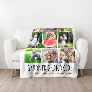 9 Photo Collage with Custom Grandkids Names Grey Fleece Blanket