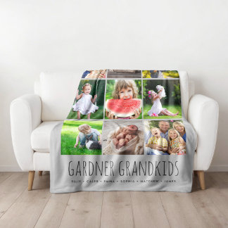 9 Photo Collage with Custom Grandkids Names | Grey Fleece Blanket