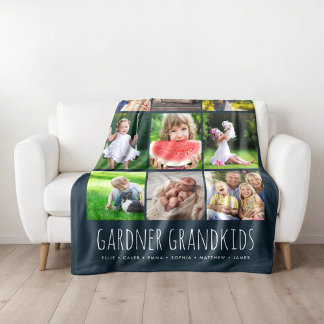 9 Photo Collage with Custom Grandkids Names | Navy Fleece Blanket