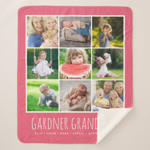 9 Photo Collage with Custom Grandkids Names   Pink Sherpa Blanket