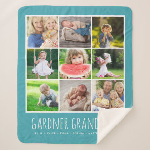 9 Photo Collage with Grandkids Names Turquoise Sherpa Blanket