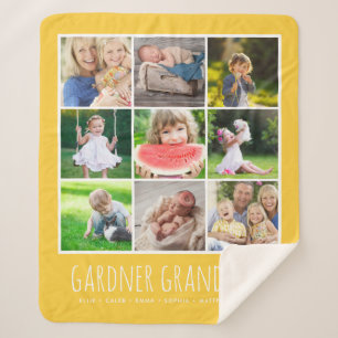 9 Photo Collage with Grandkids Names Yellow Sherpa Blanket