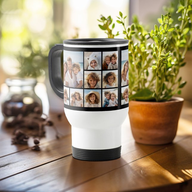 9 Photo Collage with optional background colour Travel Mug (Personalized travel mug - add photos and text or customize completely)