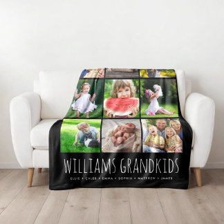 9 Photo Collage with Your Grandkids Names | Black Fleece Blanket