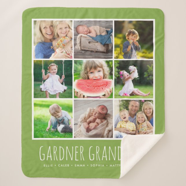 9 Photo Collage with Your Grandkids Names | Green Sherpa Blanket (Front)