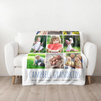 9 Photo Collage with Your Grandkids Names | White Fleece Blanket