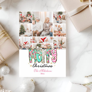 9 Photo Colourful Retro Merry Christmas Holiday Card