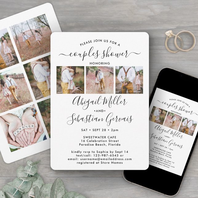 9 Photo Couples Bridal Shower Chic Modern Script Invitation (Creator Uploaded)