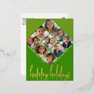9 Photo Diamond Pattern Happy Holidays Green Gold Foil Holiday Postcard