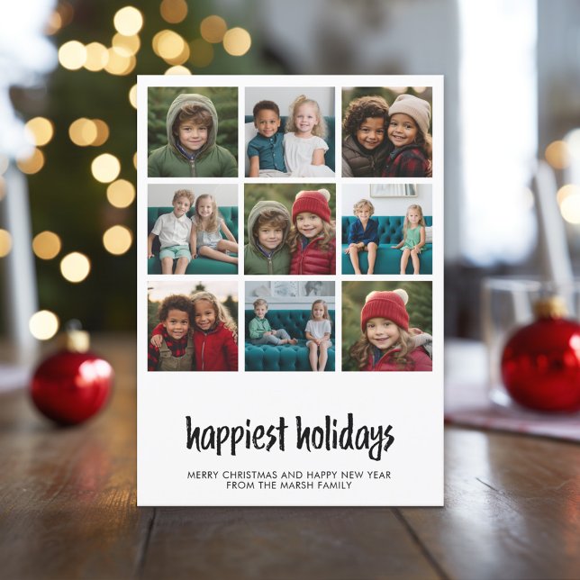 9 Photo Happiest Minimal Christmas black white Holiday Card (Modern, Minimal Christmas Photo Collage with 9 Photos)