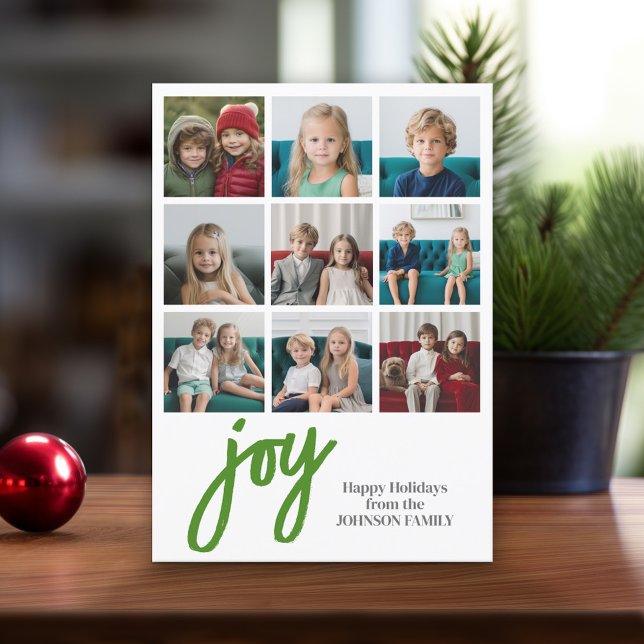 9 Photo Joy Merry Christmas Green Watercolor Holiday Card (Online Christmas Card - Print and Download Options)