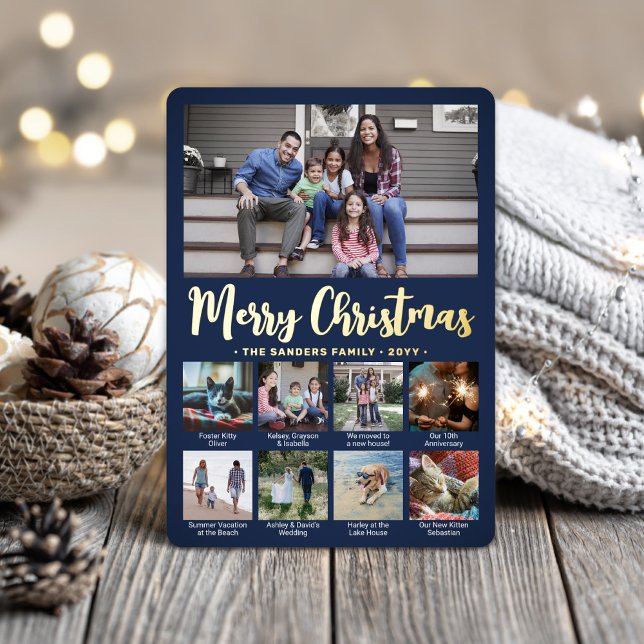 9 Photo Navy Blue Merry Christmas Modern Collage Foil Holiday Card (Creator Uploaded)