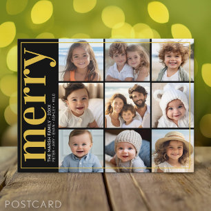 9 Photo Offset - Bold Merry - Black and Gold - Holiday Postcard