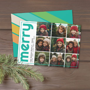 9 Photo Offset - Bold Merry Christmas Retro Stripe Holiday Card
