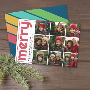 9 Photo Offset - Bold Merry Christmas Retro Stripe Holiday Card