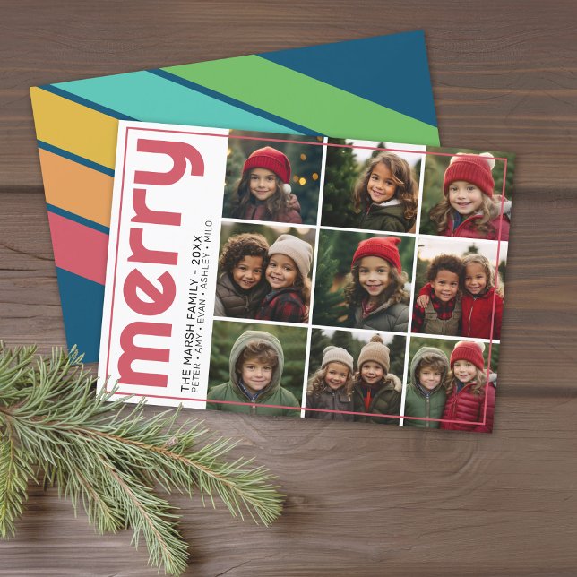 9 Photo Offset - Bold Merry Christmas Retro Stripe Holiday Card (Retro Stripe Pattern Christmas Card - 9 Photo Collage - Colorful Rainbow - Download available)