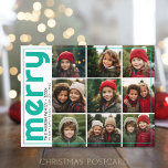 9 Photo Offset - Bold Merry - Christmas Teal - Holiday Postcard<br><div class="desc">FRONT DESIGN: A collage of 9 photos in a simple grid to highlight many pic from the past year. The photo grid is off centre with a thin border surrounding the entire card. A modern look for a holiday photo card with bright teal aqua coloured accents and "merry" in a...</div>