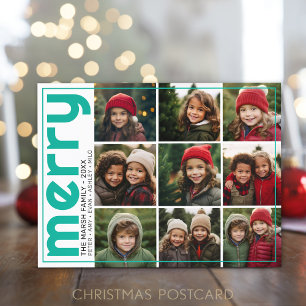 9 Photo Offset - Bold Merry - Christmas Teal - Holiday Postcard