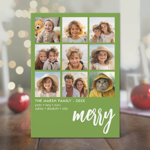 9 Photo Offset - Bold Script Merry - Green Holiday Card