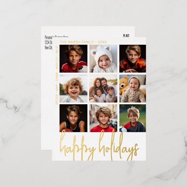 9 Photo Offset - Happy Holidays - Black and Gold - Foil Holiday Postcard (Front/Back)