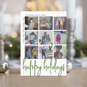 9 Photo Offset - Happy Holidays Large Script Green Holiday Card