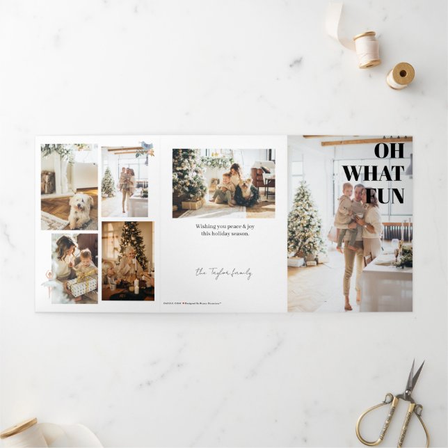 9 Photo Oh What Fun Merry Christmas Personalized Tri-Fold Holiday Card (Outside)